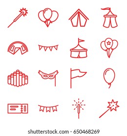 Festival icons set. set of 16 festival outline icons such as ticket, sparklers, harmonica, party flag, balloon, sparkler, mask, tent, flag