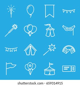 Festival icons set. set of 16 festival outline icons such as ticket, sparklers, party flag, balloon, sparkler, mask, tent, flag