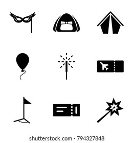 Festival icons. set of 9 editable filled festival icons such as ticket, sparklers, tent, sparkler, mask, flag
