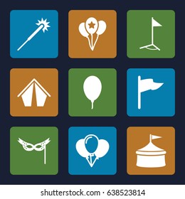 Festival icons set. set of 9 festival filled icons such as sparklers, balloon, mask, flag, circus