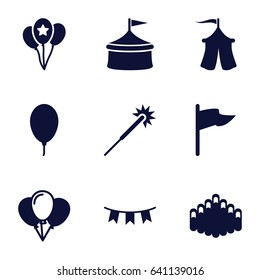 Festival icons set. set of 9 festival filled icons such as sparklers, harmonica, party flag, balloon, tent, circus