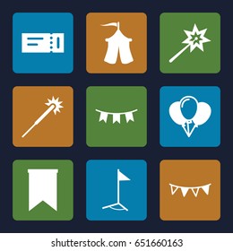 Festival icons set. set of 9 festival filled icons such as ticket, sparklers, party flag, tent, flag