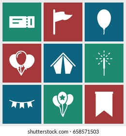 Festival icons set. set of 9 festival filled icons such as ticket, party flag, balloon, sparkler, flag