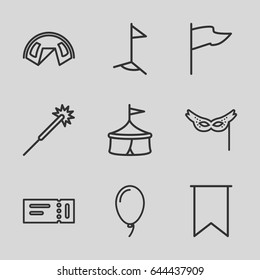 Festival icons set. set of 9 festival outline icons such as ticket, sparklers, balloon, mask, flag, circus