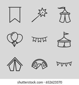 Festival icons set. set of 9 festival outline icons such as party flag, tent, flag, sparklers, circus