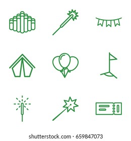 Festival icons set. set of 9 festival outline icons such as ticket, sparklers, harmonica, party flag, sparkler, flag, tent