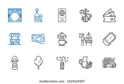 festival icons set. Collection of festival with food truck, wine, confetti, cotton candy, lantern, ticket, german, carousel, food stand. Editable and scalable festival icons.