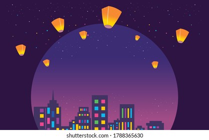 Festival illuminated night city background. lighted stars & oil lamps.
Vector illustration.