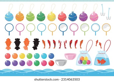 Festival illustration material set, goldfish scooping, yo-yo fishing, ball scooping. Vector illustration.