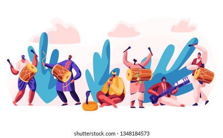 Festival in India. Celebrate Day in Country. Character Play Classical Traditional Music on Dotara, Chitravina and Drummer on Mridangam. Snake Charmer Playing Pungi. Flat Cartoon Vector Illustration