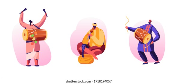 Festival in India Concept. People Celebrate Holiday. Characters Play Classical Traditional Music Instruments. Drummers Play on Mridangam. Snake Charmer Playing Pungi. Cartoon Vector Illustration