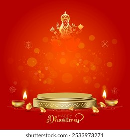 Festival of India Happy Dhanteras background. Golden podium with coins, Maa Lakshmi and diwali diya lights.