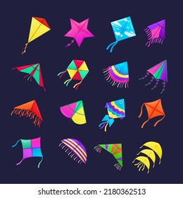 Festival kite. Colorful cartoon elements. Summer outdoors kids game, soaring fun toy with tails fly in sky. Makar Sankranti holiday. Freedom symbol. Graphic vector isolated illustration