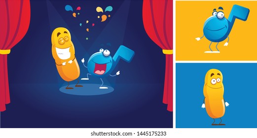 Festival of laughter and dance, two nice guy on a stage of laughing and dancing show, vector image

