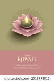 Festival de luz, Feliz Diwali Deseja cartão de saudação com lotus diya.