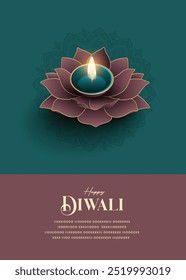 Festival de luz, feliz Diwali desea tarjeta de felicitación con lotus diya.