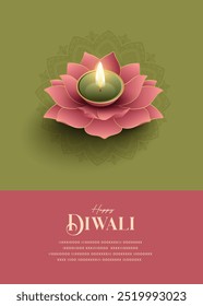 Festival de luz, feliz Diwali desea tarjeta de felicitación con lotus diya.