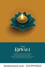 Festival de luz, Feliz Diwali Deseja cartão de saudação com lotus diya.