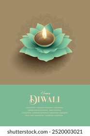 Festival de Luz, Feliz Diwali Deseja Cartão de Saudação Com Lotus Diya.