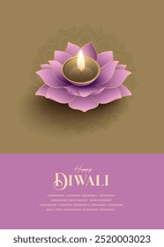 Festival de Luz, Feliz Diwali Deseja Cartão de Saudação Com Lotus Diya.