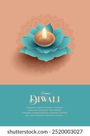 Festival of Light, Happy Diwali Wishes Greeting Card With Lotus Diya.