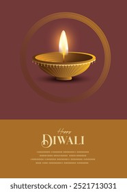 Festival de luz, feliz Diwali desea tarjeta de felicitación con diya de estilo premium.