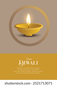 Festival de luz, feliz Diwali desea tarjeta de felicitación con diya de estilo premium.