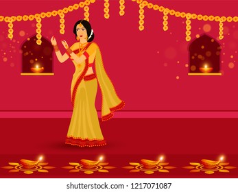 Festival Of Lights Diwali celebration background, Young lady decorate her home with floral garlands and illuminated oil lamps.