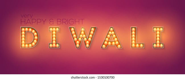 Festival of lights Diwali, design of vintage lettering. Retro signboard with glowing light bulbs. Festive greeting card for celebration of Indian holiday Deepavali. Vector 3d illustration, EPS10