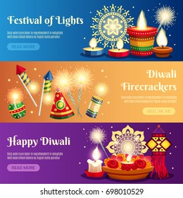 Festival of lights diwali horizontal banners with firecrackers and candles realistic isolated vector illustration