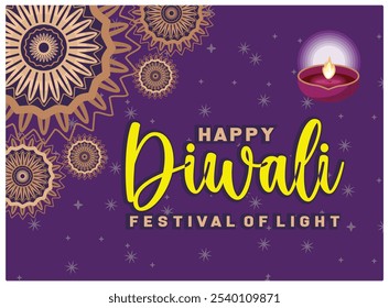 Festival of lights in India. Rangoli pattern with lighted Diya. Diwali Festival concept. Flat vector illustration.