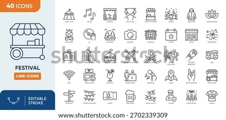 Festival line editable icon set. featuring icons of various music, parade, fireworks, lighting, celebration symbols, and more. Editable stroke. Vector illustration