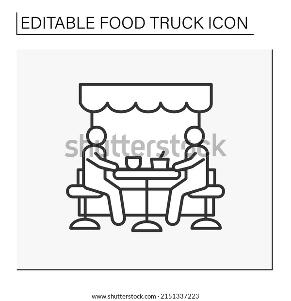 Festival line icon. Outdoor dining. People eat\
food on terrasse. Party. Food truck concept. Isolated vector\
illustration. Editable\
stroke