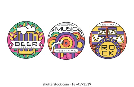 Festival Logos Set, Music, Beer, Rock Fest Labels or Stickers of Round Shape Vector Illustration