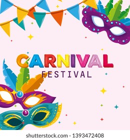 festival maks with feathers decoration and party banner