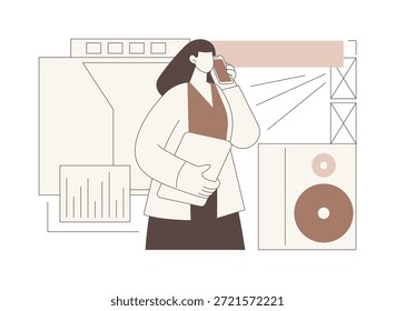 O gerenciador de festivais isolou ilustrações de desenhos animados vetoriais. Gerente de festival profissional organizando concerto, resolver questões por telefone, negócio de entretenimento, serviço de desenho animado vetorial.
