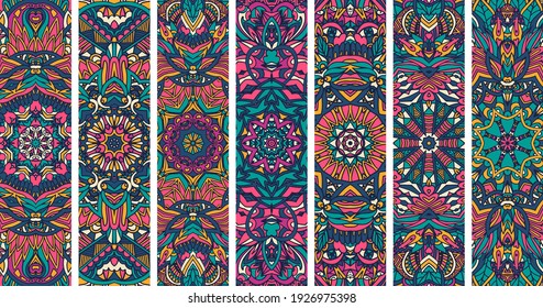 Festival Mandala pattern set with bright color psychedelic print design. Ethnic tribal banner collection