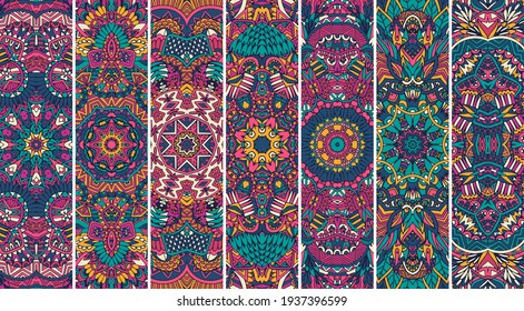 Festival Mandala pattern set with bright color psychedelic print design. Ethnic tribal geometric banner collection