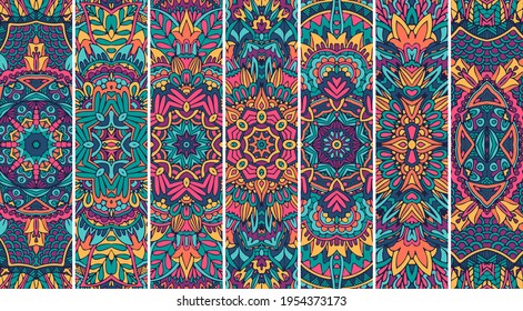 Festival Mandala decorado con un diseño de impresión psicodélica de colores vivos. Colección de fondo de la etiqueta de tracería de origen étnico tribal