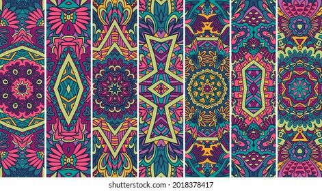 Festival Mandala pattern set with bright color psychedelic print design. Ethnic tribal banner ornamental background collection