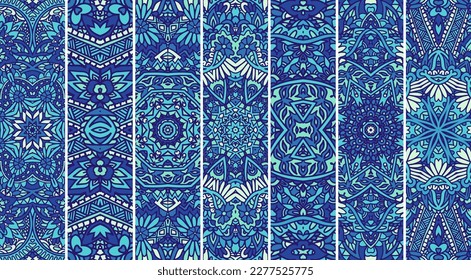 Festival Mandala pattern set with decorative fabric art textile design psychedelic print design. Ethnic tribal banner collection. Palette in blue colors.