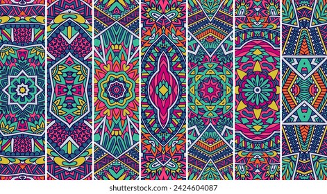 Festival Mandala pattern set with decorative fabric art textile design psychedelic print design. Ethnic tribal banner collection. Bookmarks in bright colors.