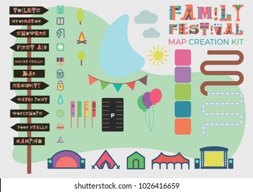 Festival map building kit including signage, roads, stages, area fills, icons, roads, parking and flags.