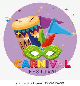 festival mask with feathers decoration and flag to carnival