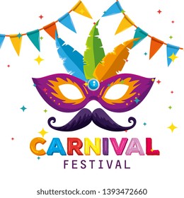 festival mask with feathers decoration and party banner