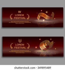 festival movie horizontal banners,  camera film 35 mm roll gold,  Slide films frame,  vector illustration