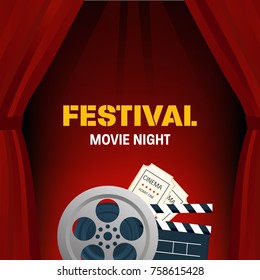 Festival, movie night. Cinema, movie time. Cinema movie theater object on curtain background. Show with seats, filmstrip, tickets. Vintage retro colors vector illustration isolated.