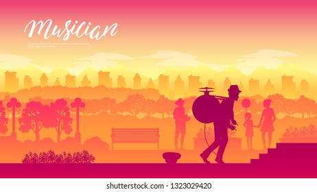 Festival music band street landscape concept. Hands playing on percussion instruments in city park. Drums with sticks closeup background