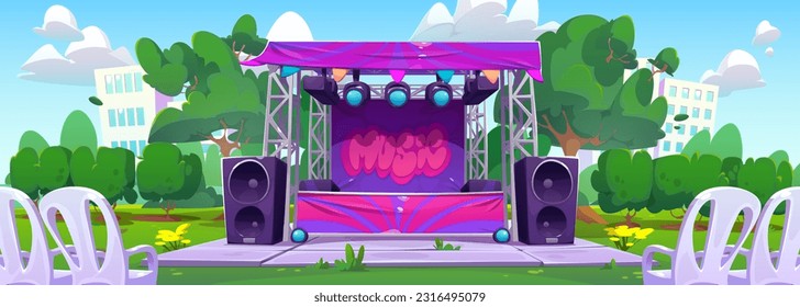 Festival music concert stage outdoor public party vector illustration. Open air street performance with band on summer wedding celebration. Live musician rock entertainment activity cartoon background