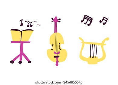 Festival music equipment set. Musical instruments collection in hand drawn style. Jazz music elements set. Orchestra classical icons. 